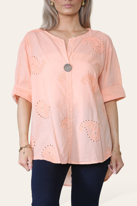 Copy of PAISLEY EMBROIDERD GRANDAD COLLAR BUTTON FRONT TOP PEACH