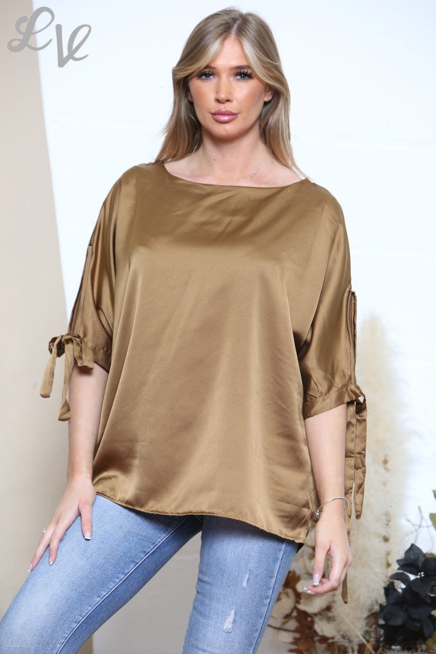 Ladies Tie Shoulder Blouse Tan