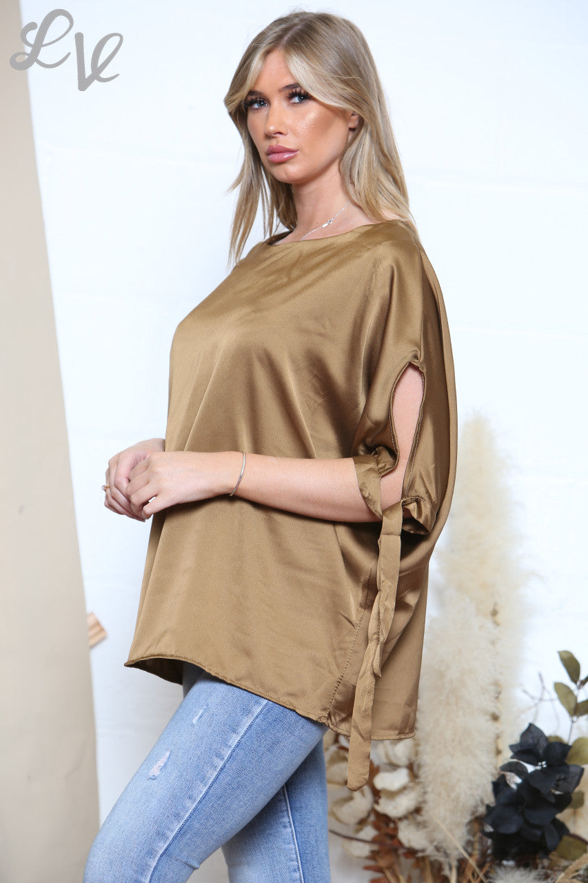 Ladies Tie Shoulder Blouse Tan