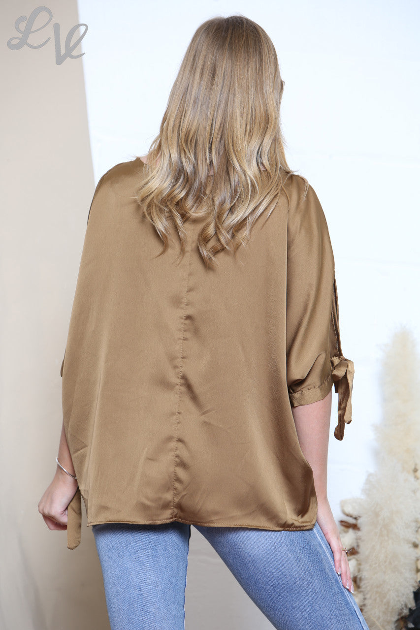 Ladies Tie Shoulder Blouse Tan