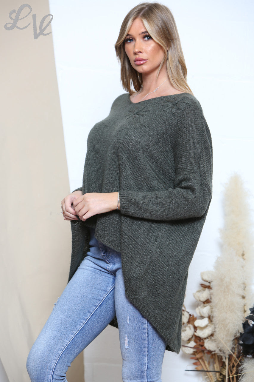 Ladies Slouched Knitted Flower Imprint Jumper Khaki