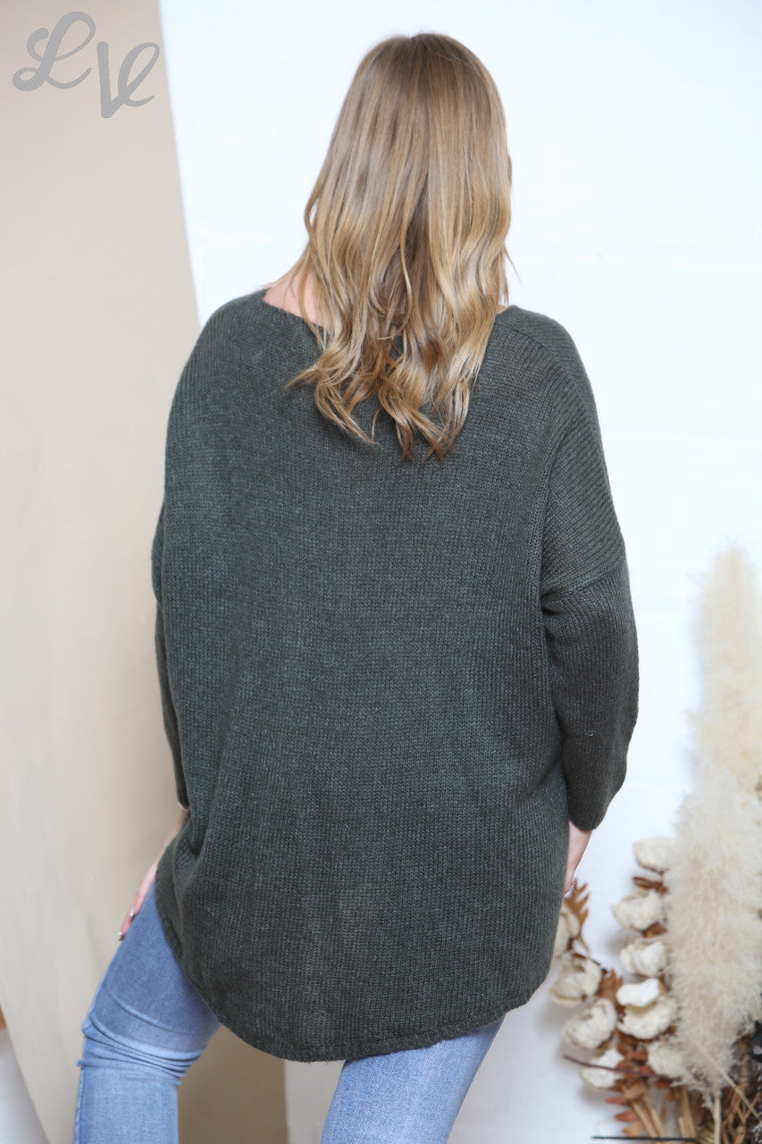 Ladies Slouched Knitted Flower Imprint Jumper Khaki