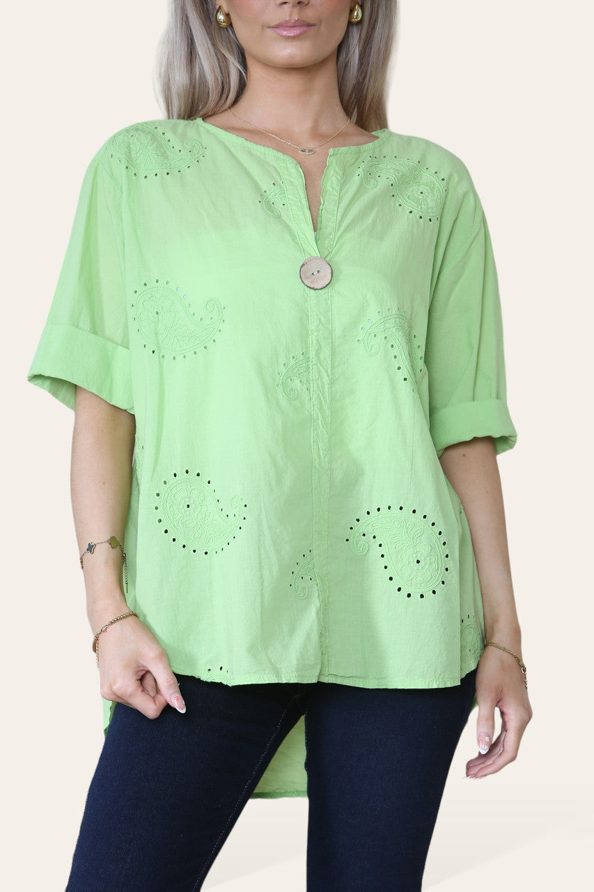 Kopie van PAISLEY GEBORDUURDE GRANDAD-KRAAG TOP MET KNOPEN LIME