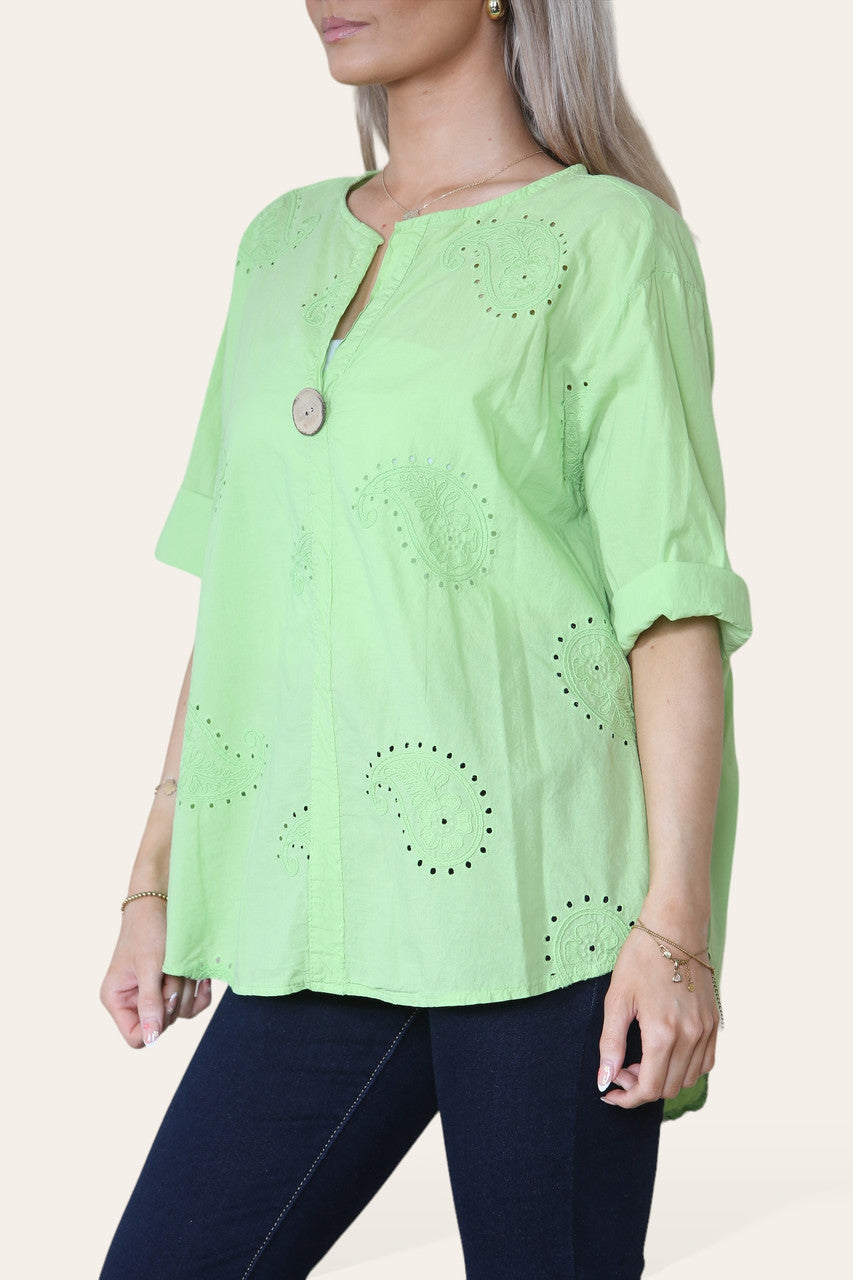 Kopie van PAISLEY GEBORDUURDE GRANDAD-KRAAG TOP MET KNOPEN LIME