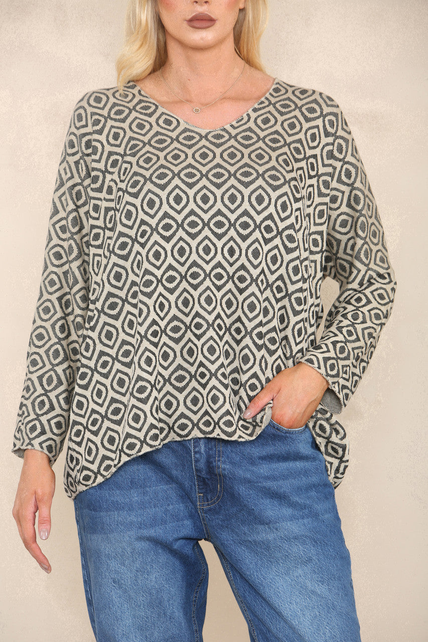GEOMETRIC DIAMOND FINE KNIT JUMPER STONE