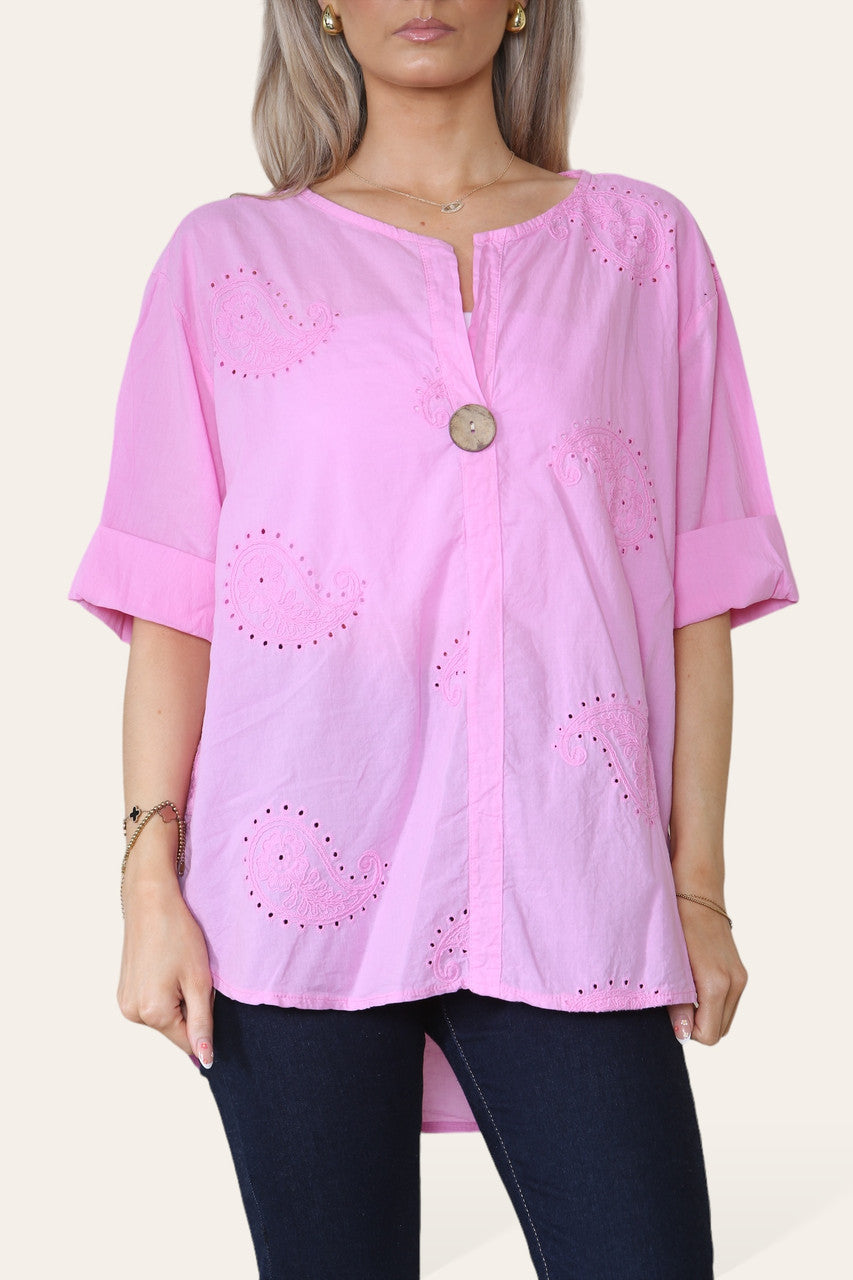 Kopie van PAISLEY GEBORDUURDE OVERHEMD MET GRANDADKRAAG EN KNOPENROK ROZE
