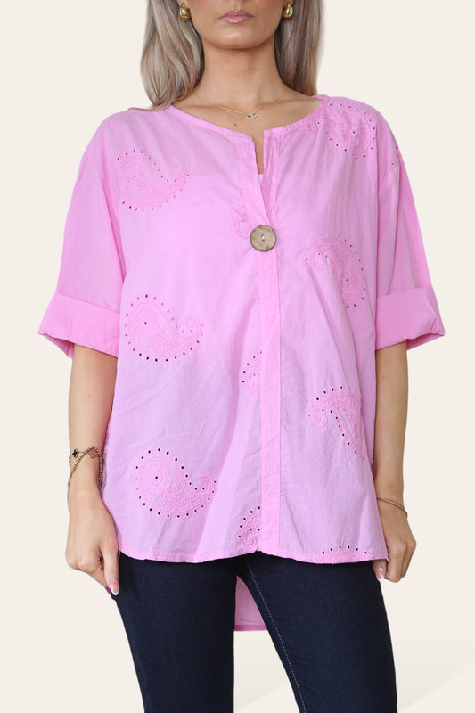 Copy of PAISLEY EMBROIDERD GRANDAD COLLAR BUTTON FRONT TOP PINK