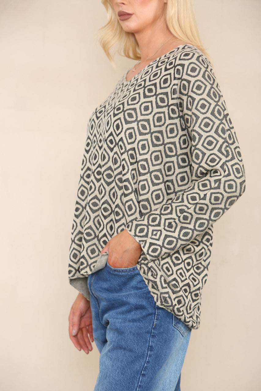 GEOMETRIC DIAMOND FINE KNIT JUMPER STONE