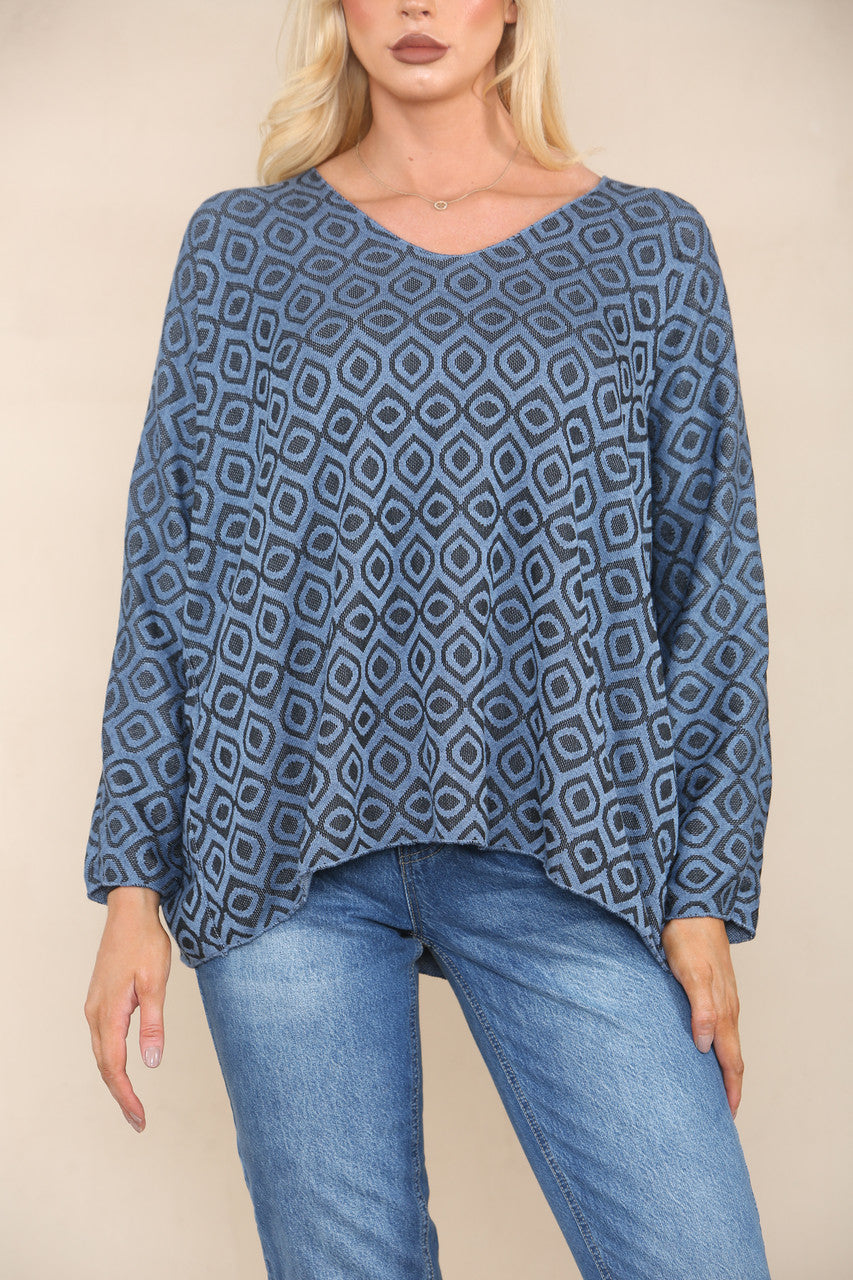 GEOMETRIC DIAMOND FINE KNIT JUMPER DENIM