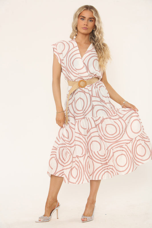 GEOMETRIC PRINT MIDI DRESS - PINK/WHITE