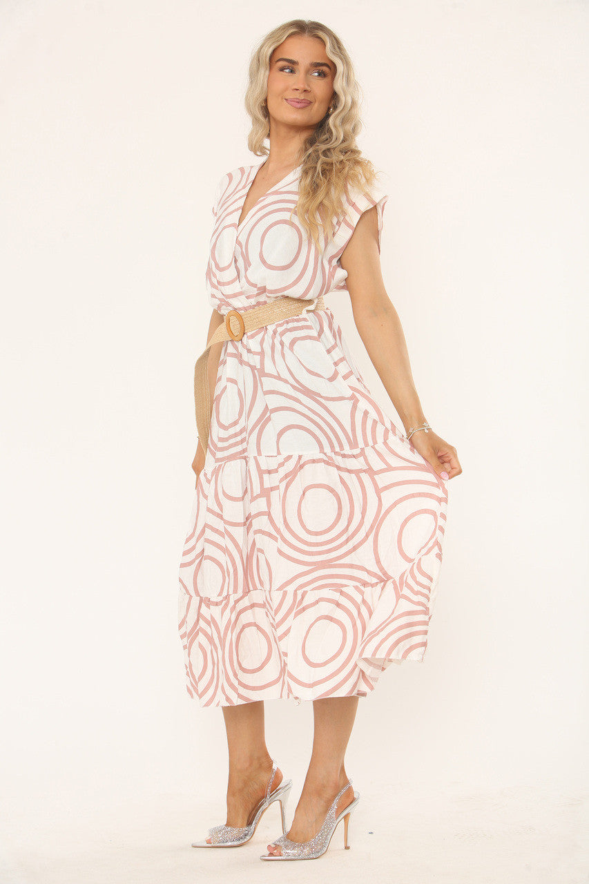 GEOMETRISCHE PRINT MIDI JURK - ROZE/WIT