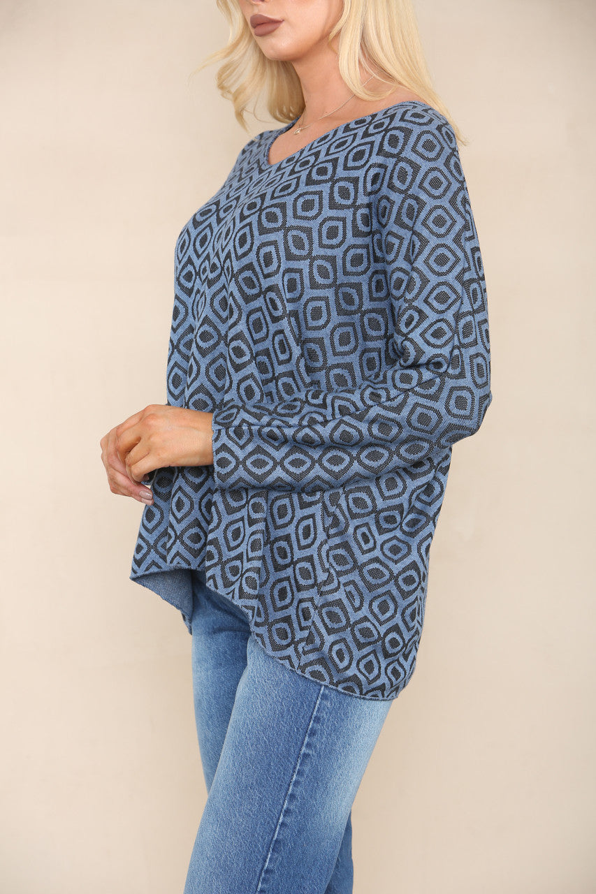 GEOMETRIC DIAMOND FINE KNIT JUMPER DENIM