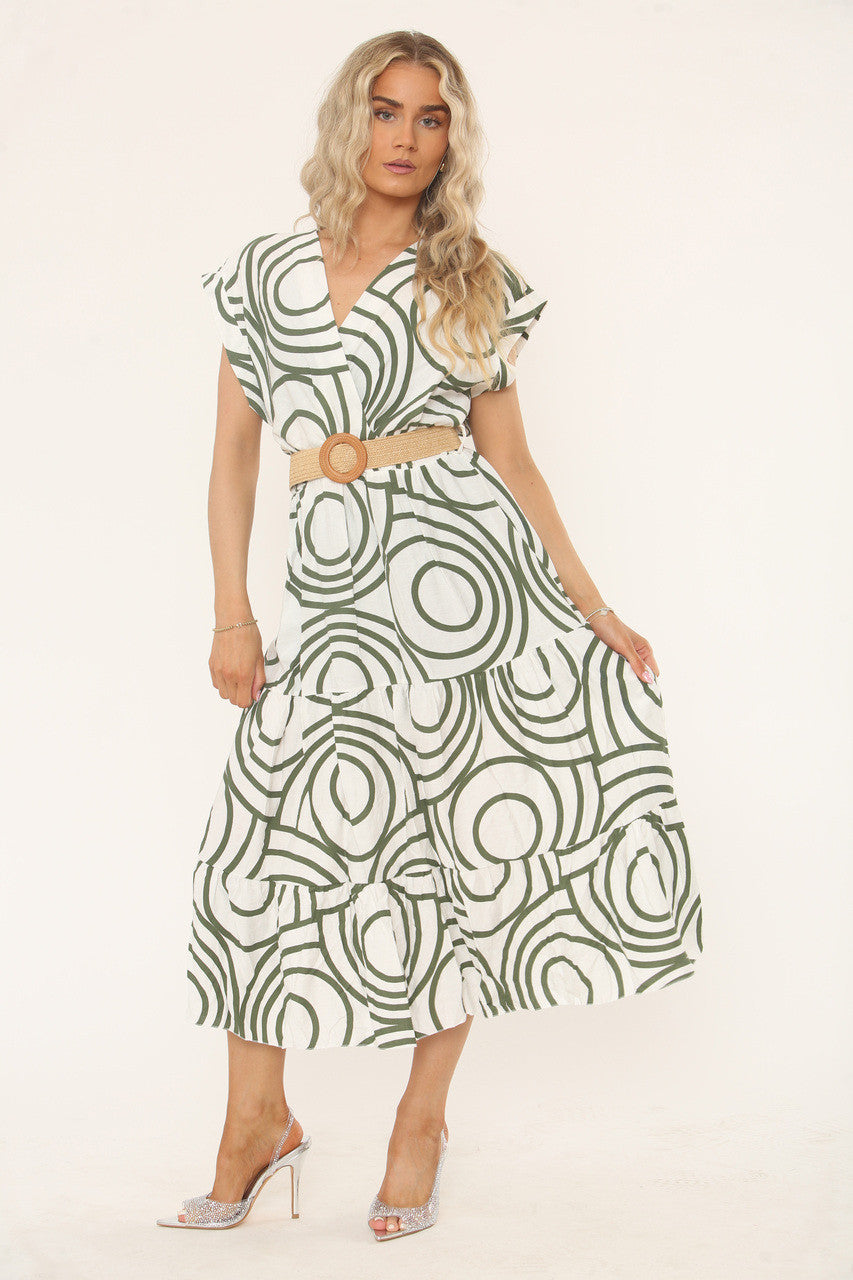 JURK MET GEOMETRISCHE PRINT - OLIJFGROEN/WIT