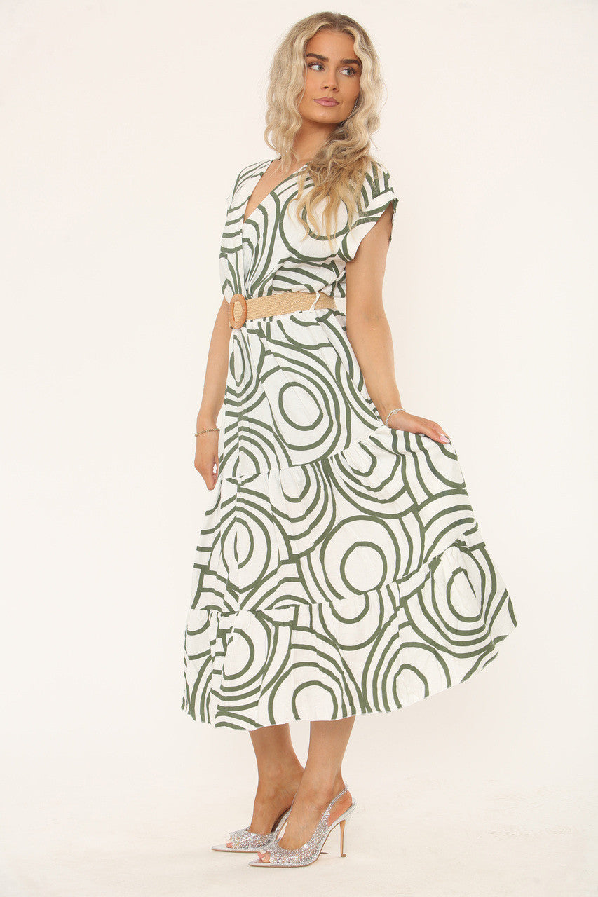 JURK MET GEOMETRISCHE PRINT - OLIJFGROEN/WIT