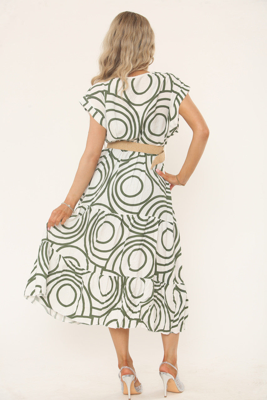 JURK MET GEOMETRISCHE PRINT - OLIJFGROEN/WIT