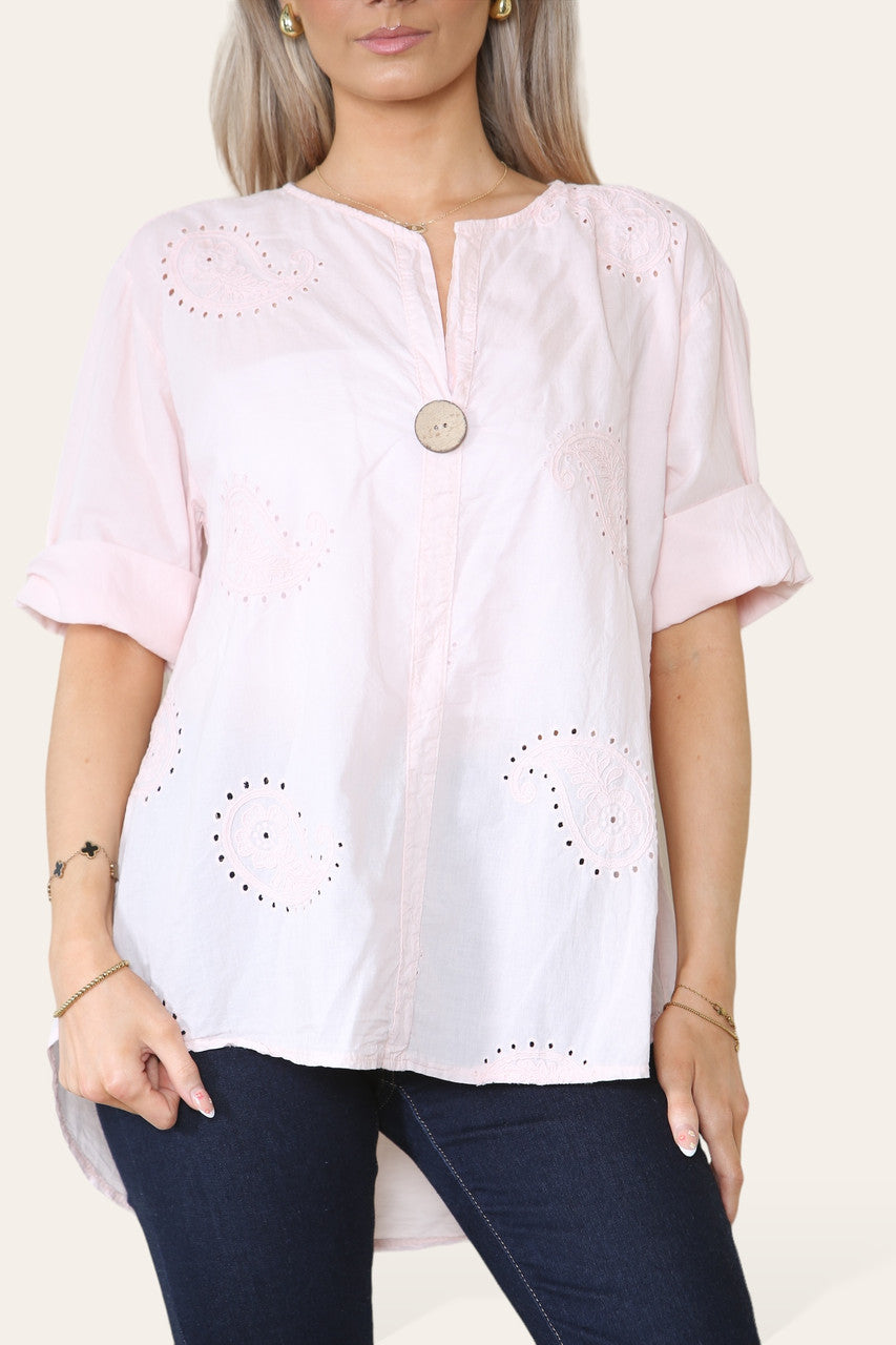Copy of PAISLEY EMBROIDERD GRANDAD COLLAR BUTTON FRONT TOP LIGHT PINK