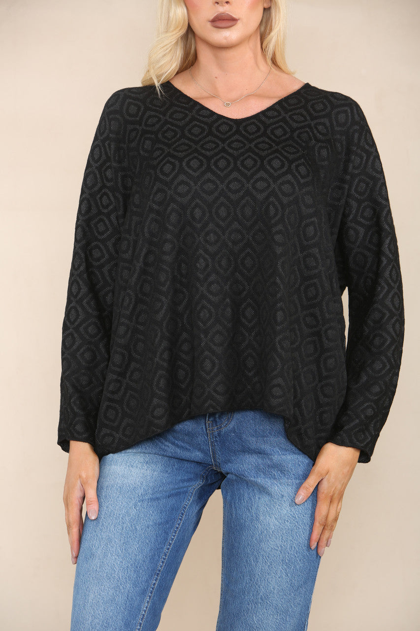 GEOMETRIC DIAMOND FINE KNIT JUMPER CHARCOAL