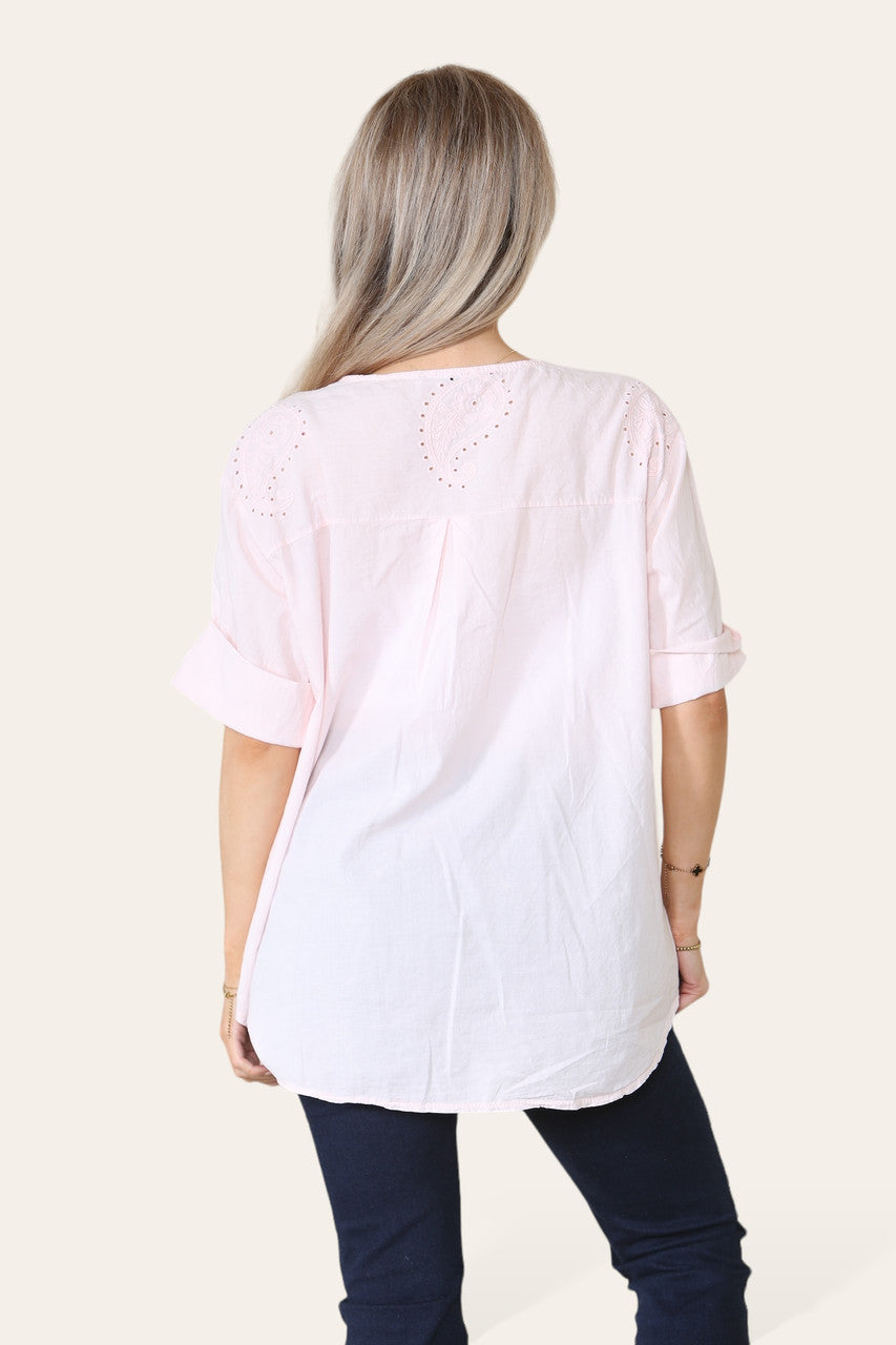 Copy of PAISLEY EMBROIDERD GRANDAD COLLAR BUTTON FRONT TOP LIGHT PINK