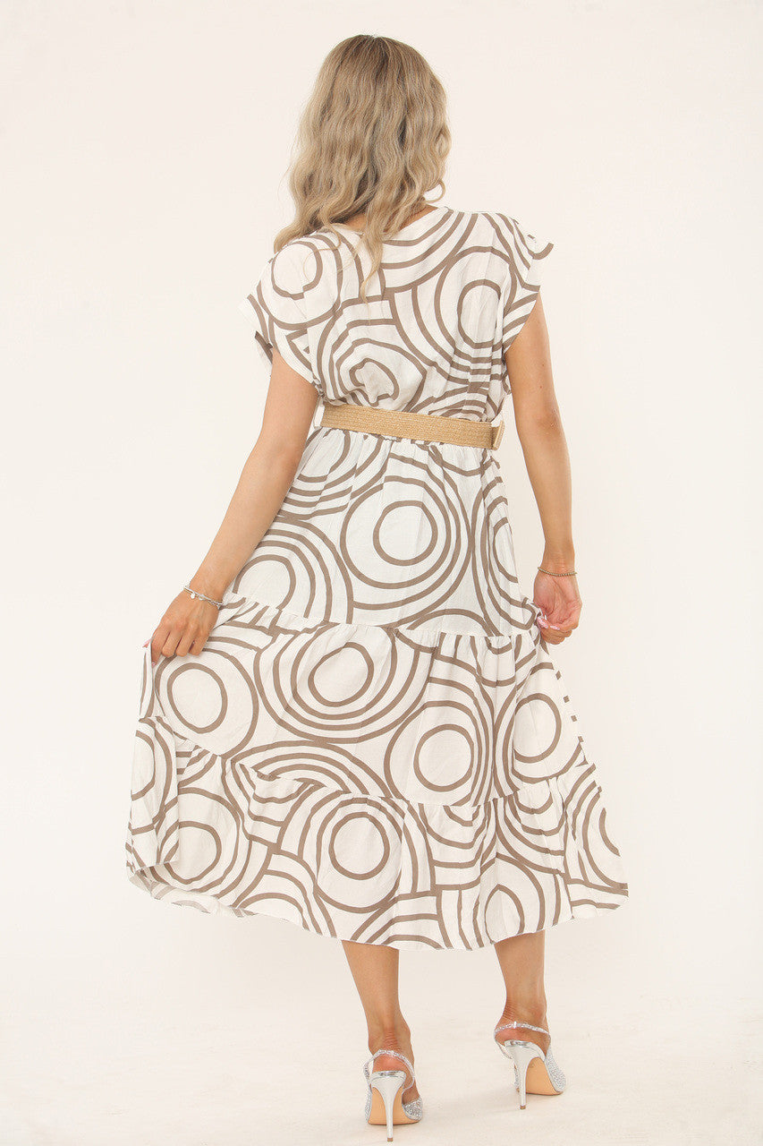 GEOMETRISCHE PRINT MIDI JURK - MOKKA/WIT