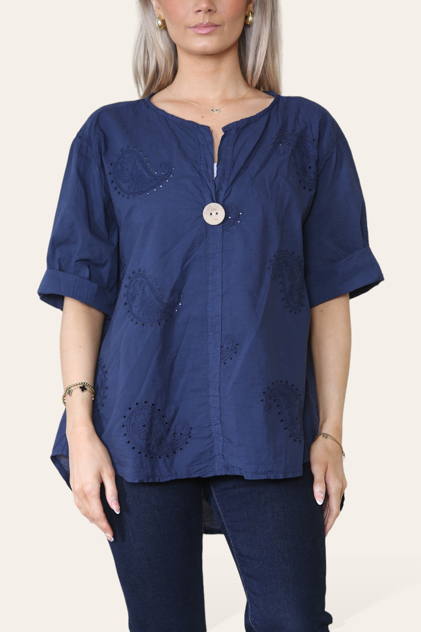 Kopie van PAISLEY GEBORDUURDE GROOTVADERKRAAG TOP MET KNOPENSLUITING MARINE