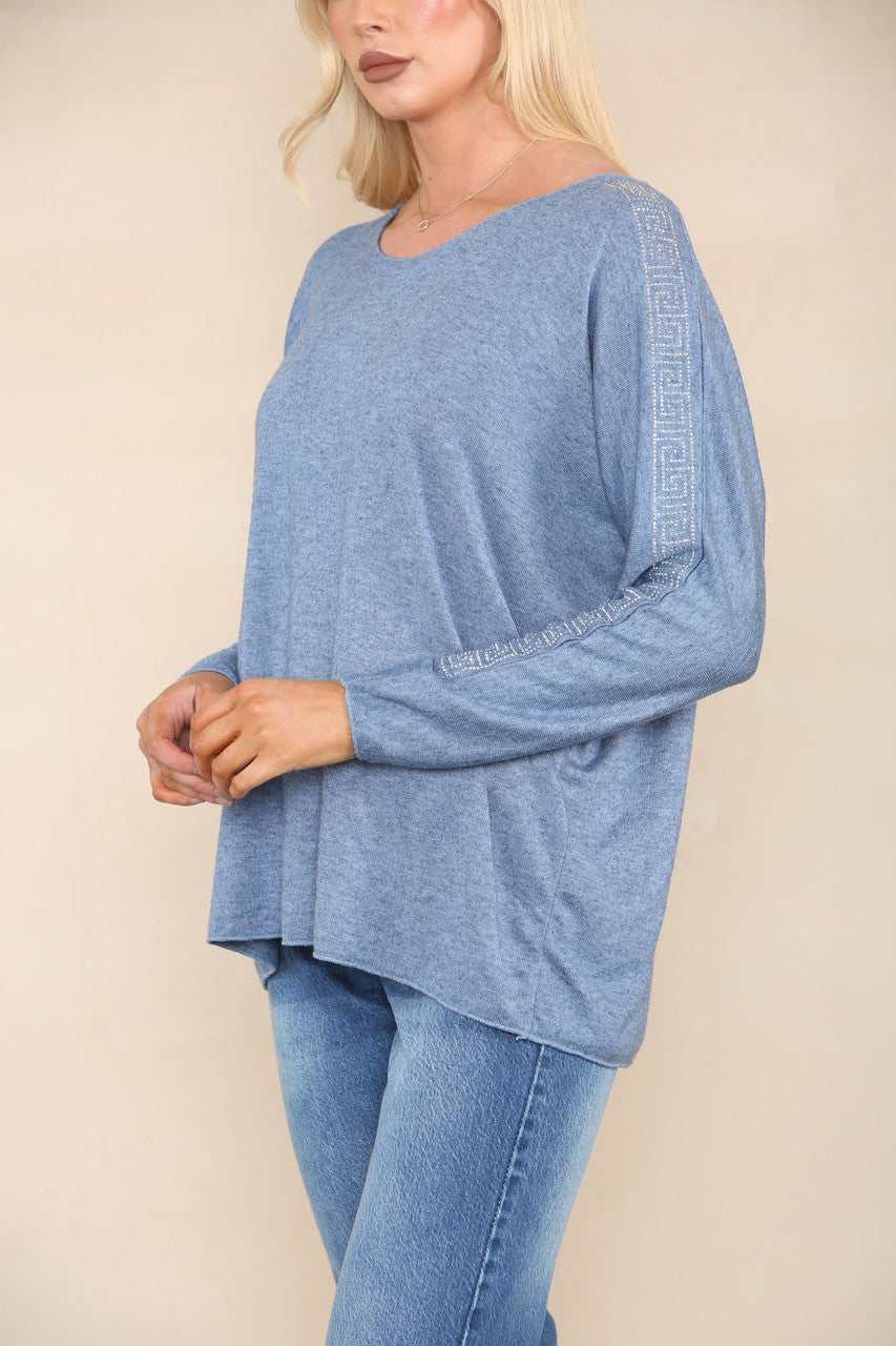 SEQUIN SHOULDER DETAIL FINE KNIT JUMPER DENIM