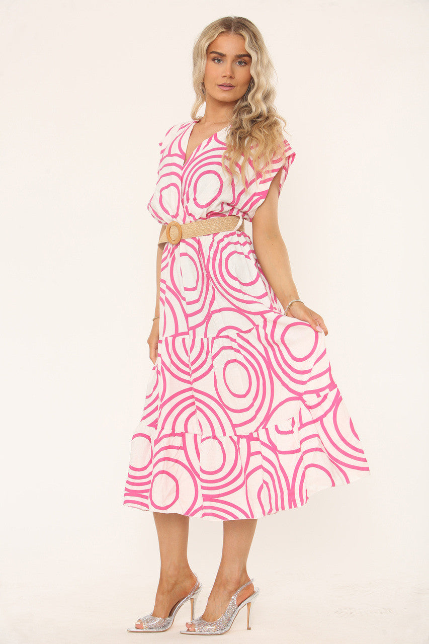 GEOMETRISCHE PRINT MIDI JURK - FUCHSIA/WIT