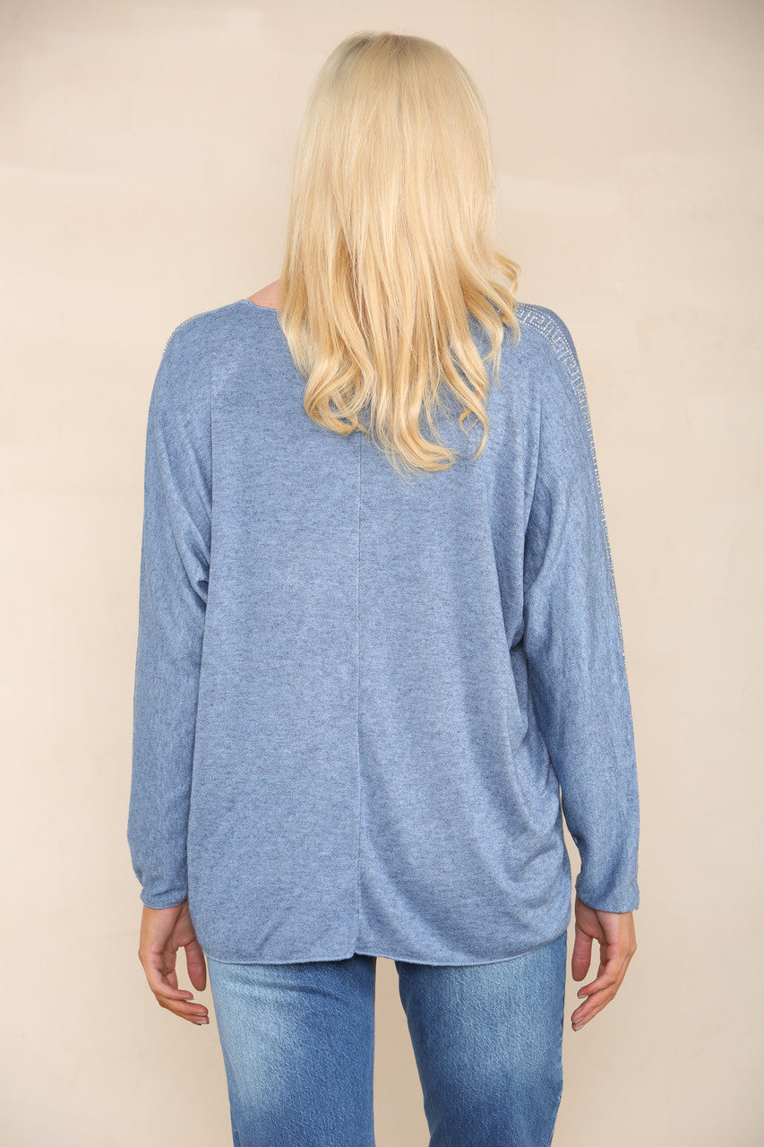 SEQUIN SHOULDER DETAIL FINE KNIT JUMPER DENIM
