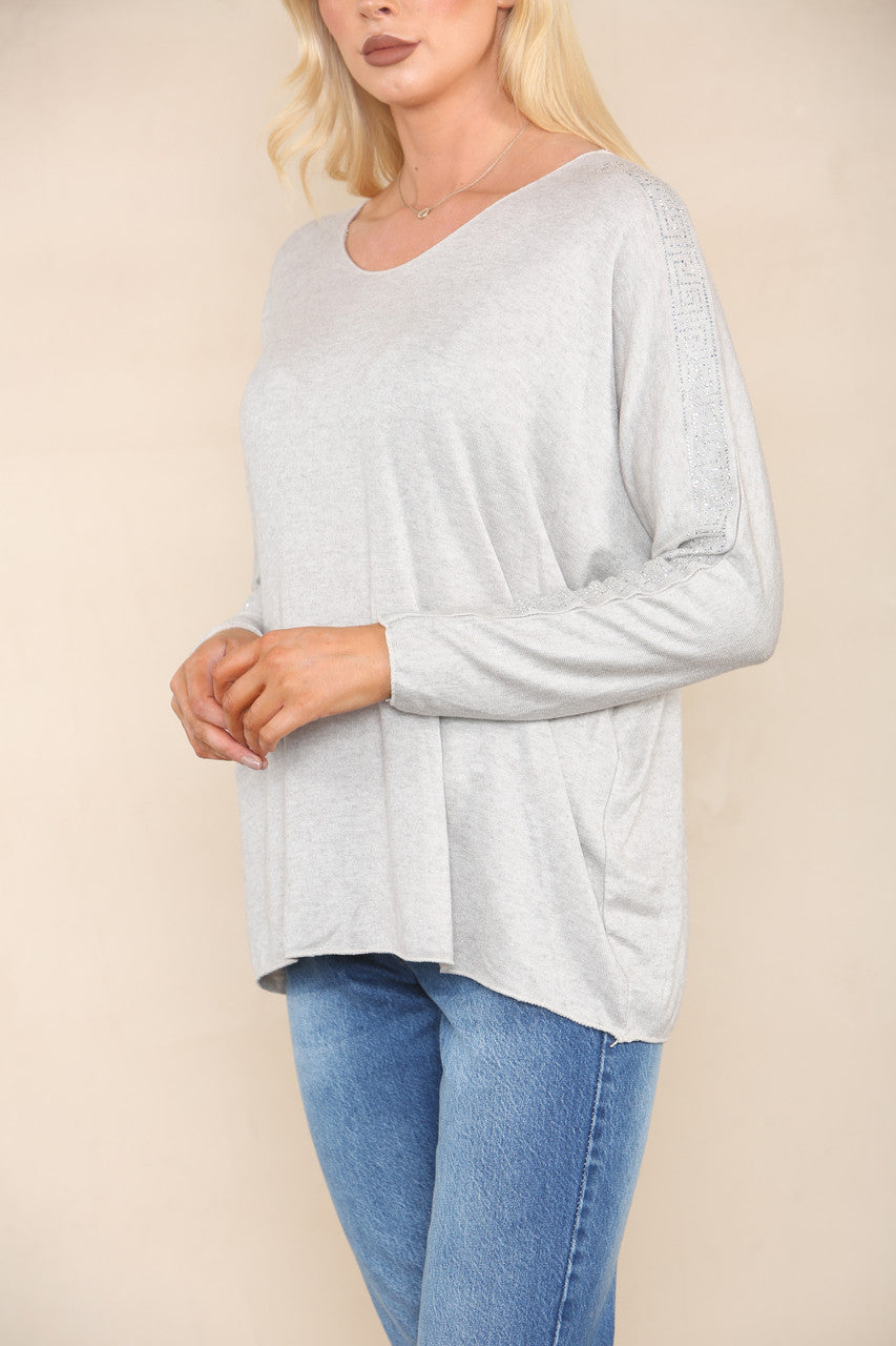 SEQUIN SHOULDER DETAIL FINE KNIT JUMPER STONE