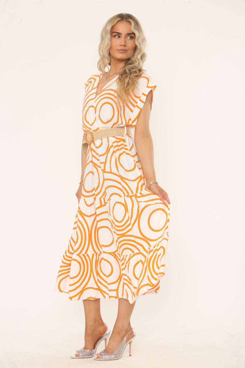 GEOMETRIC PRINT MIDI DRESS - ORANGE/WHITE