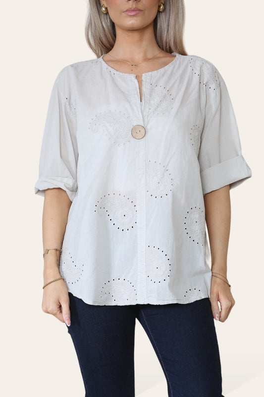 Copy of PAISLEY EMBROIDERD GRANDAD COLLAR BUTTON FRONT TOP STONE