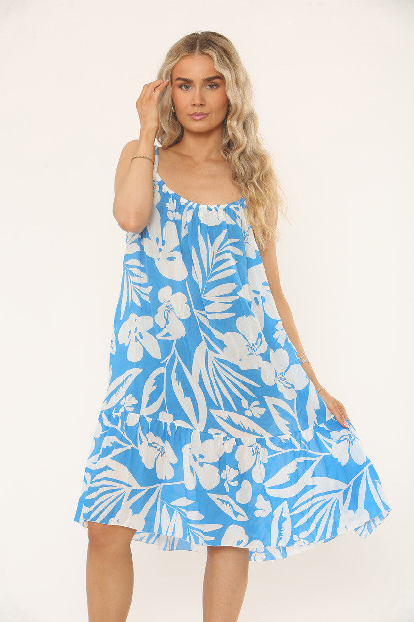 TROPISCHE JURK MET SPAGHETTIBANDJES EN BLADPRINT - TURQUOISE
