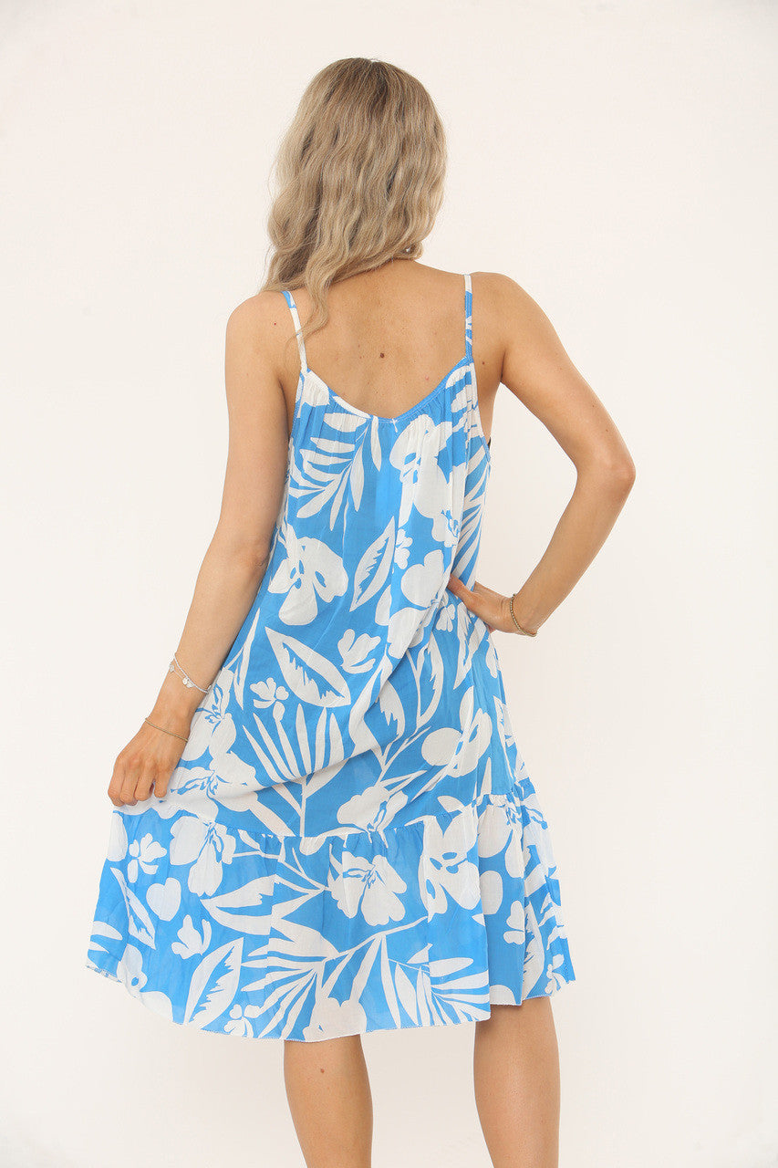 TROPISCHE JURK MET SPAGHETTIBANDJES EN BLADPRINT - TURQUOISE