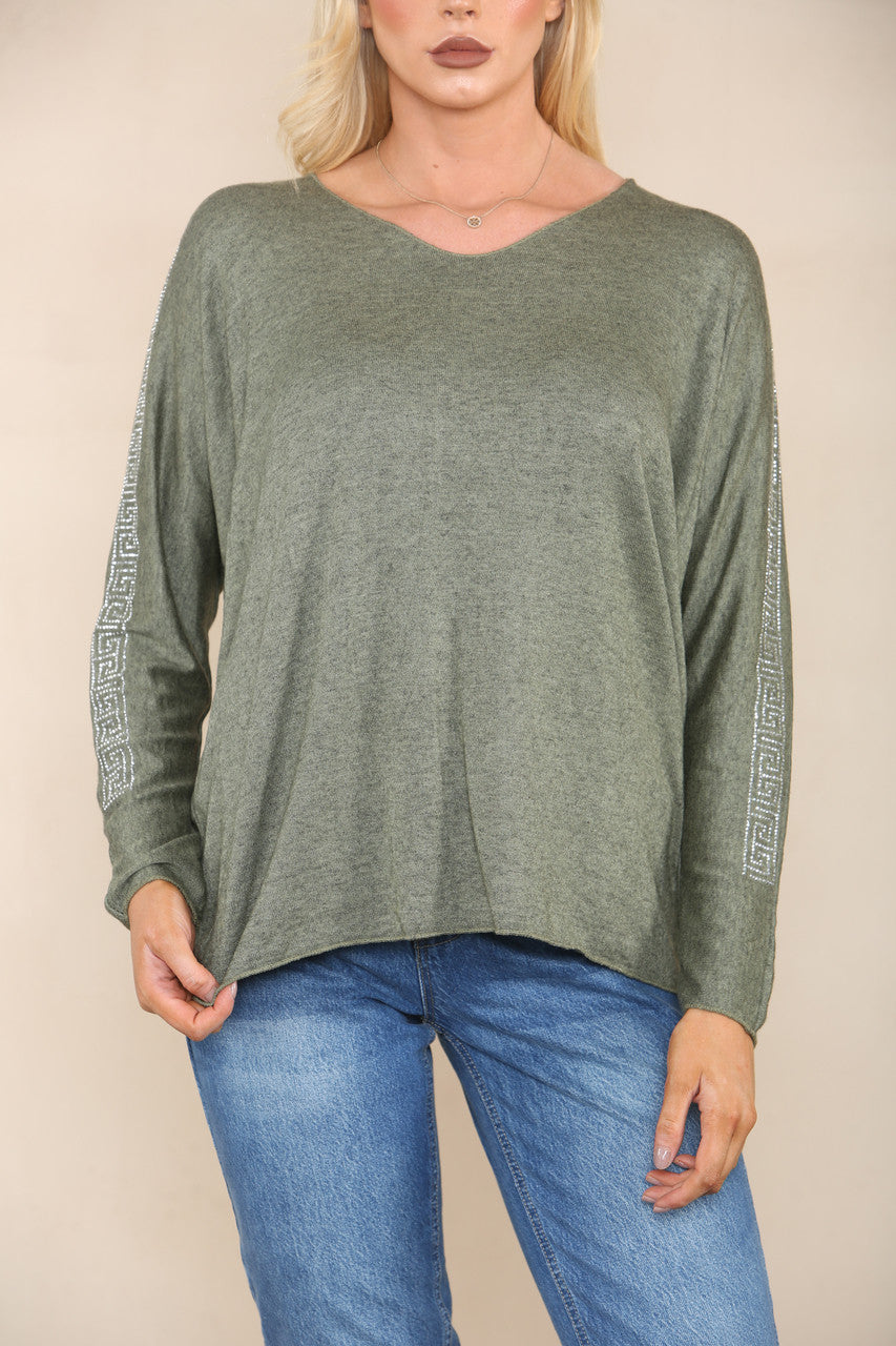 SEQUIN SHOULDER DETAIL FINE KNIT JUMPER KHAKI