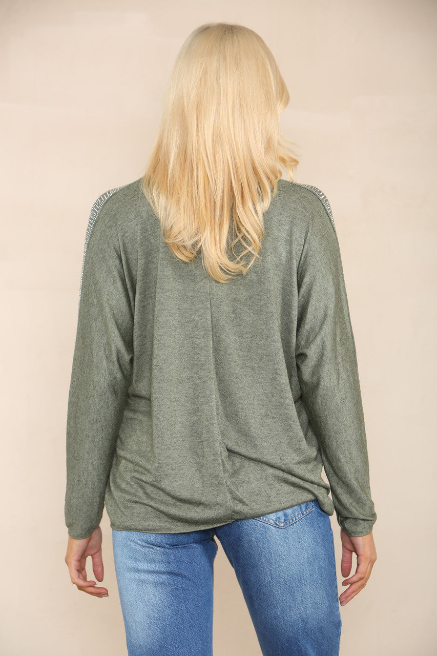 SEQUIN SHOULDER DETAIL FINE KNIT JUMPER KHAKI