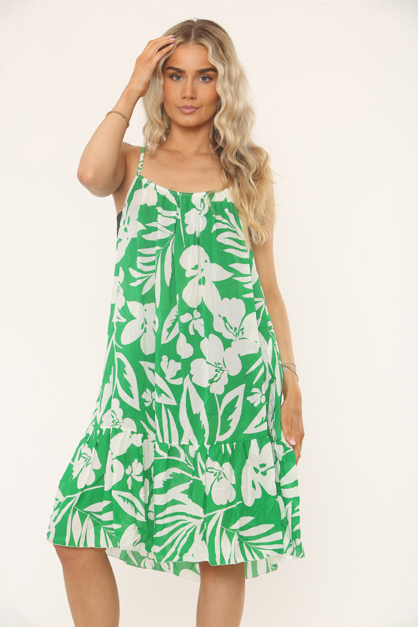 TROPISCHE JURK MET SPAGHETTIBANDJES MET BLADERENPRINT - GROEN