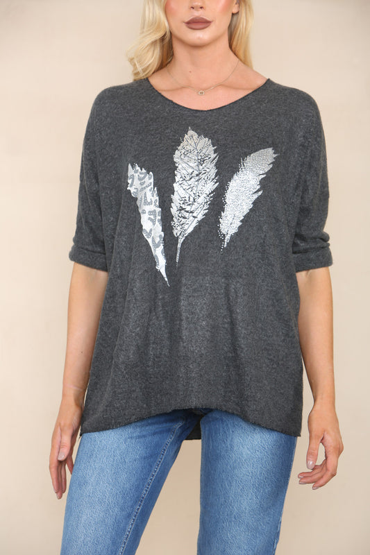FOIL FEATHERS FINE KNIT JUMPER CHARCOAL