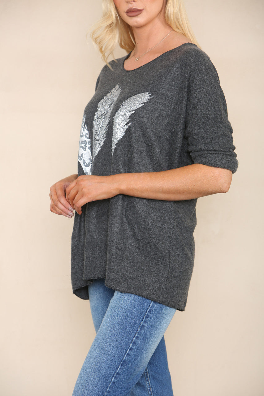 FOIL FEATHERS FINE KNIT JUMPER CHARCOAL