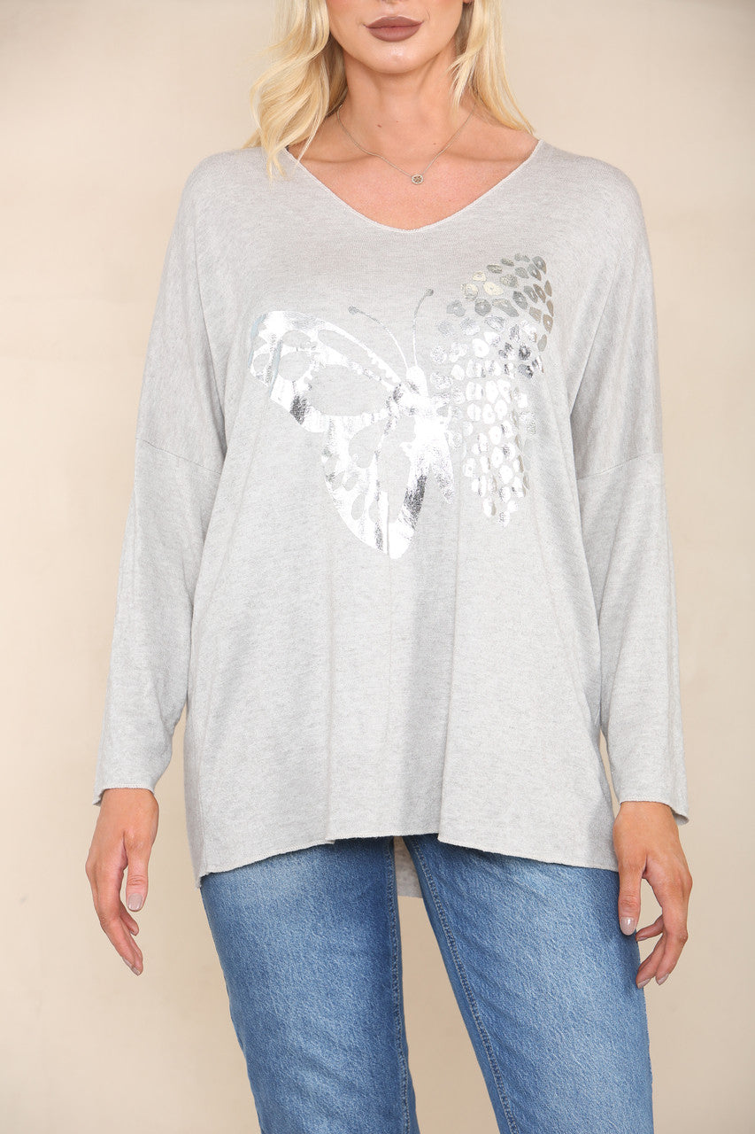FOIL BUTTERFLY FINE KNIT JUMPER STONE