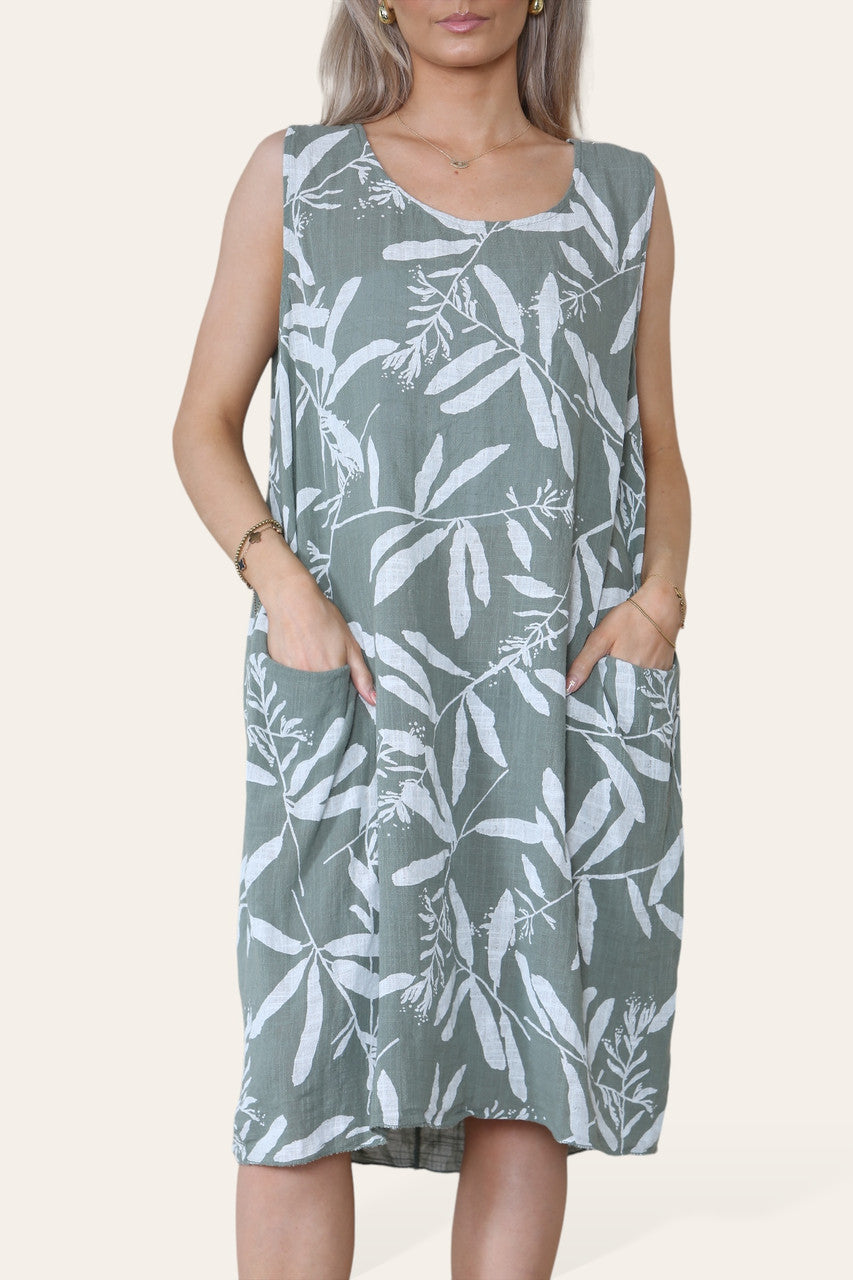 BLAD SCHADUW PRINT MOUWLOZE JURK KAKI