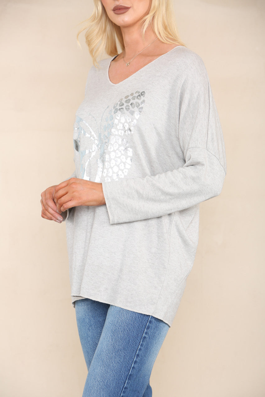 FOIL BUTTERFLY FINE KNIT JUMPER STONE