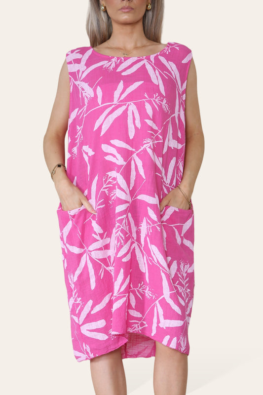 LEAF SHADOW PRINT SLEEVELESS DRESS CERISE