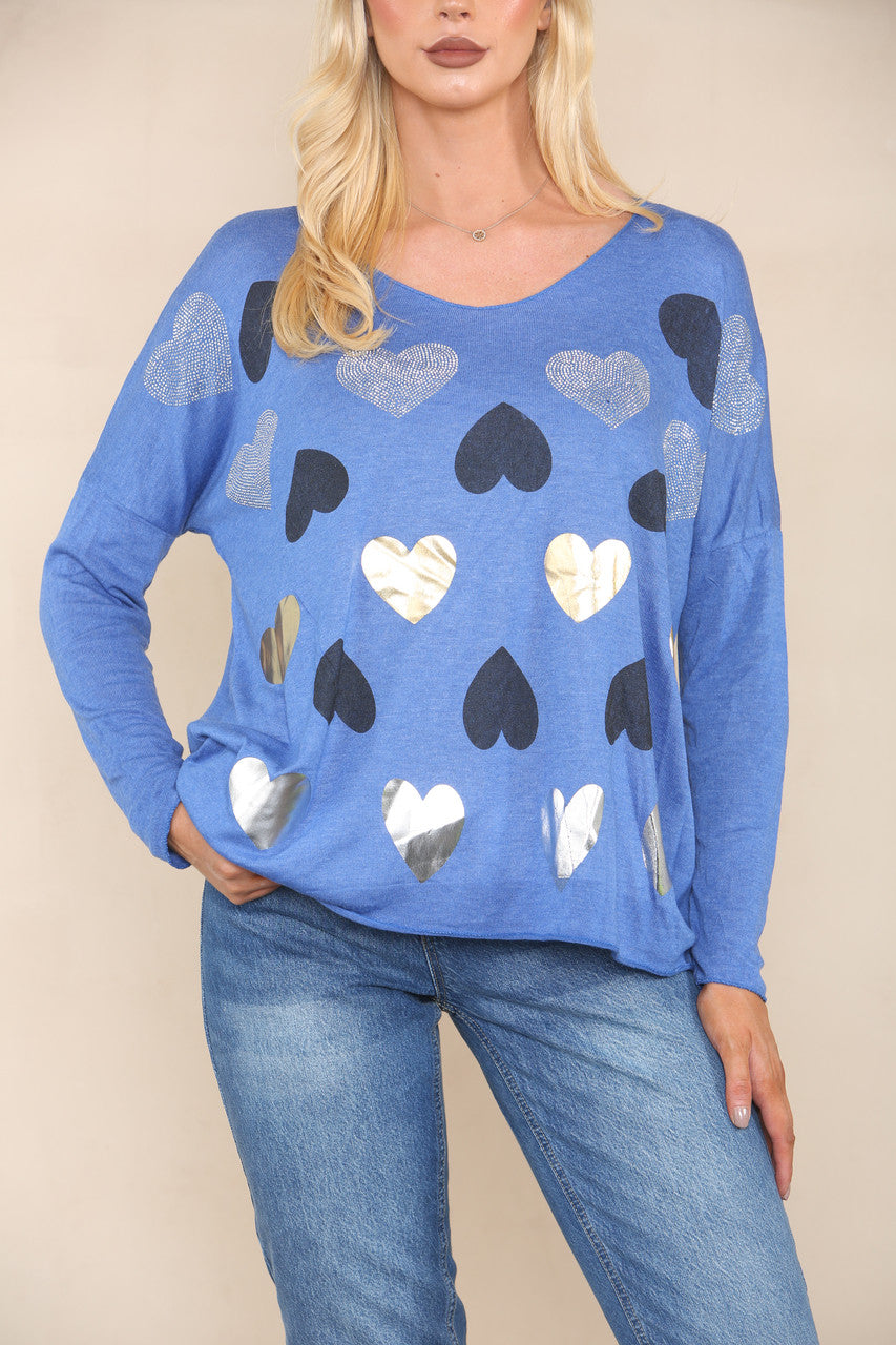 SEQUIN HEARTS FINE KNIT JUMPER ROYAL BLUE