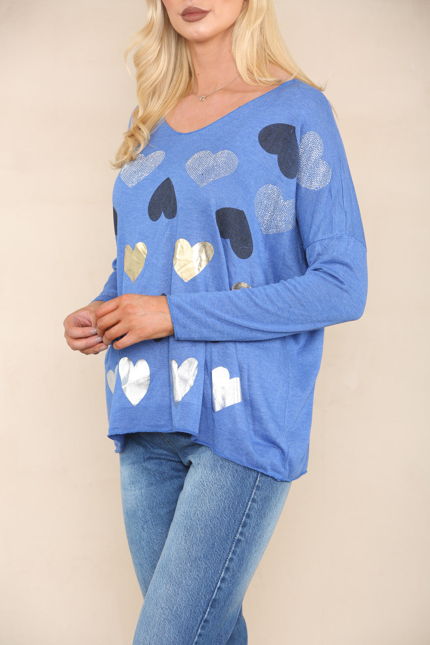 SEQUIN HEARTS FINE KNIT JUMPER ROYAL BLUE