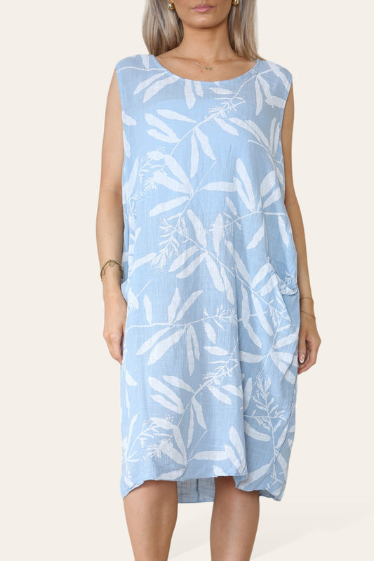 LEAF SHADOW PRINT SLEEVELESS DRESS LIGHT BLUE