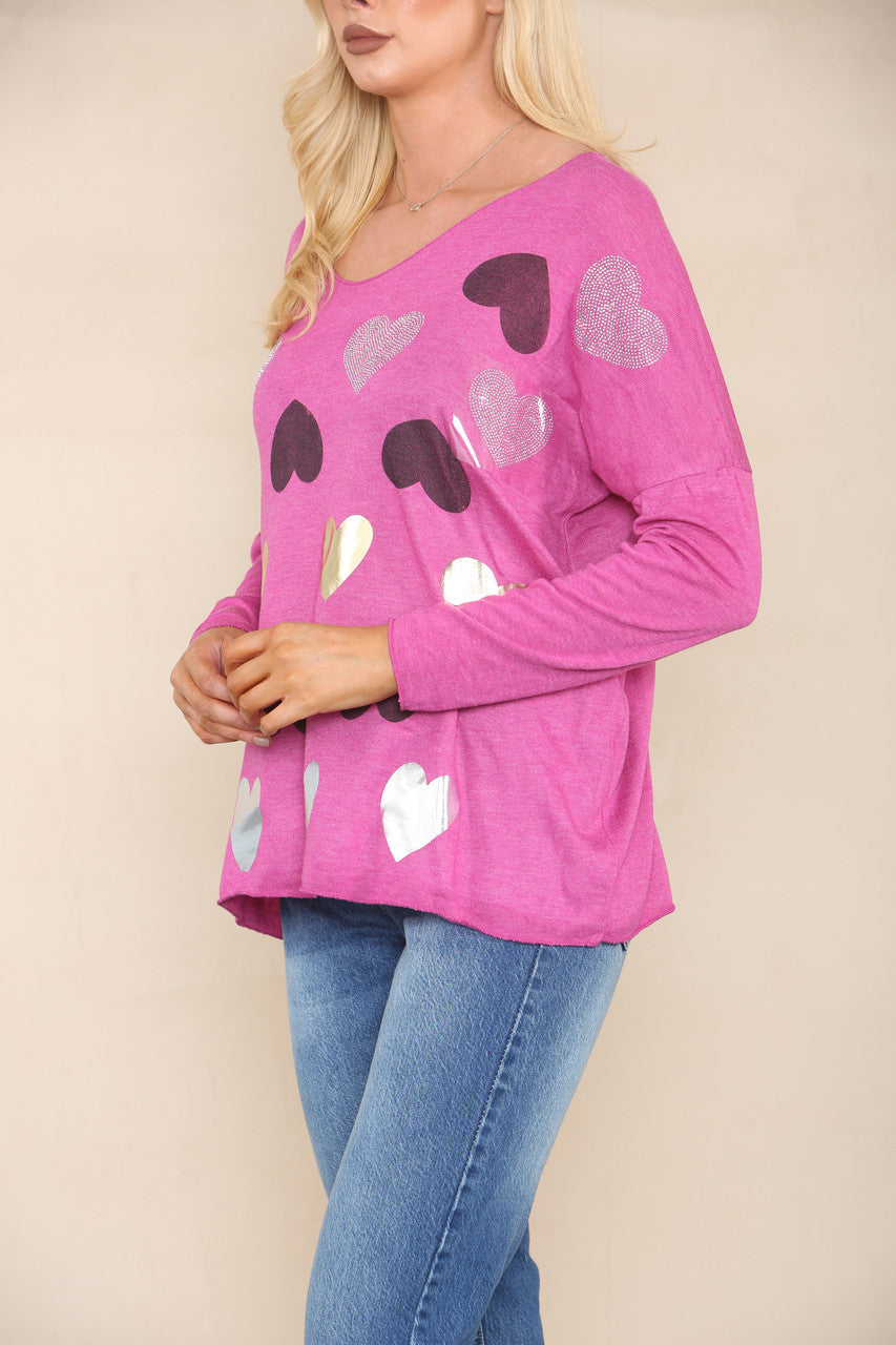 SEQUIN HEARTS FINE KNIT JUMPER CERISE