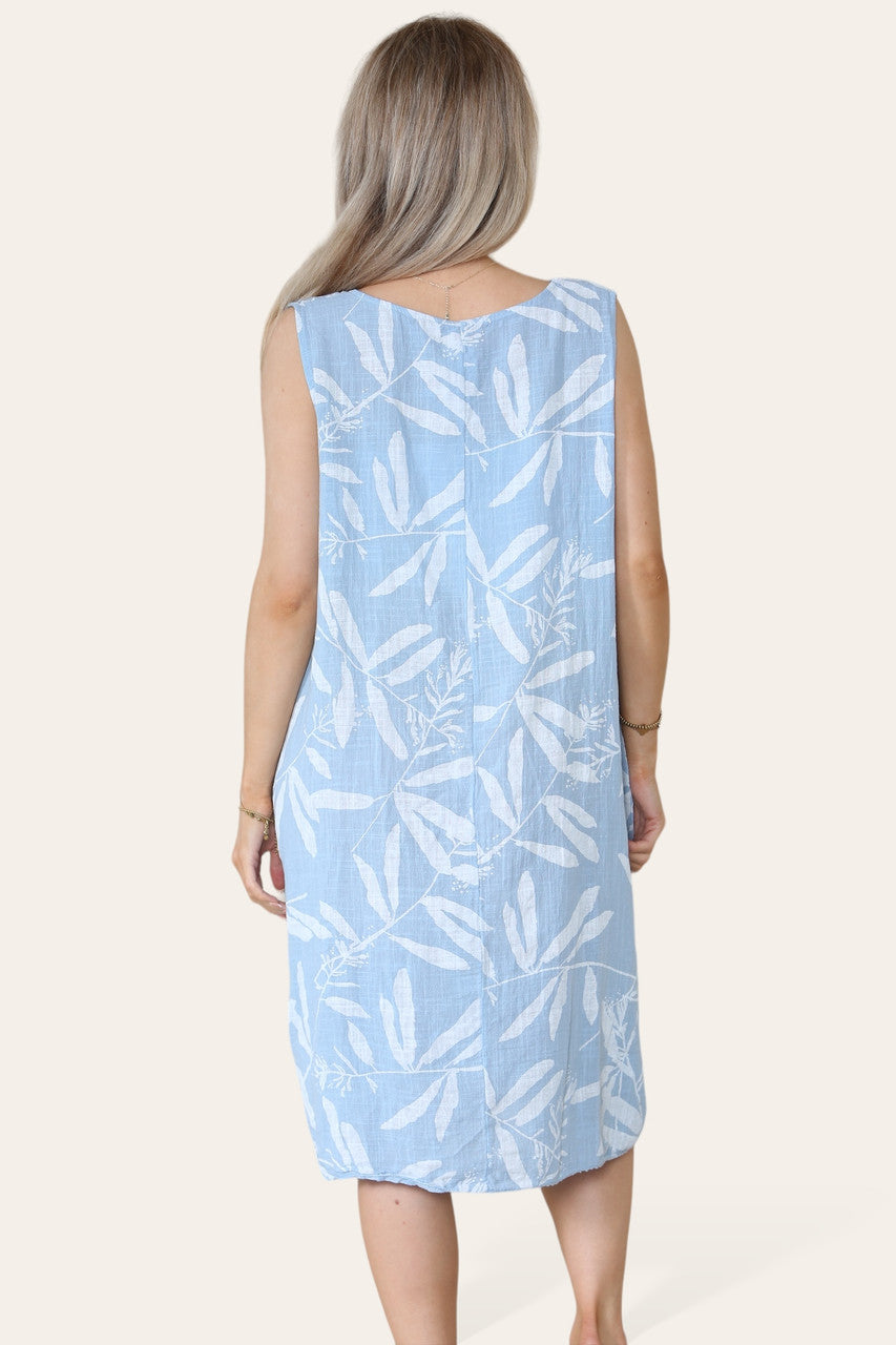 BLADSCHADUW PRINT MOUWLOZE JURK LICHTBLAUW