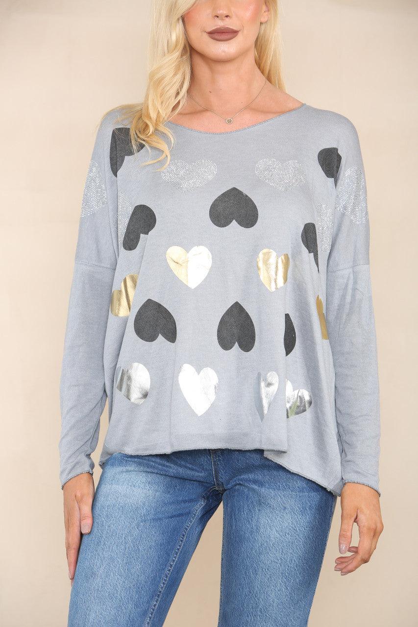 SEQUIN HEARTS FINE KNIT JUMPER SILVER