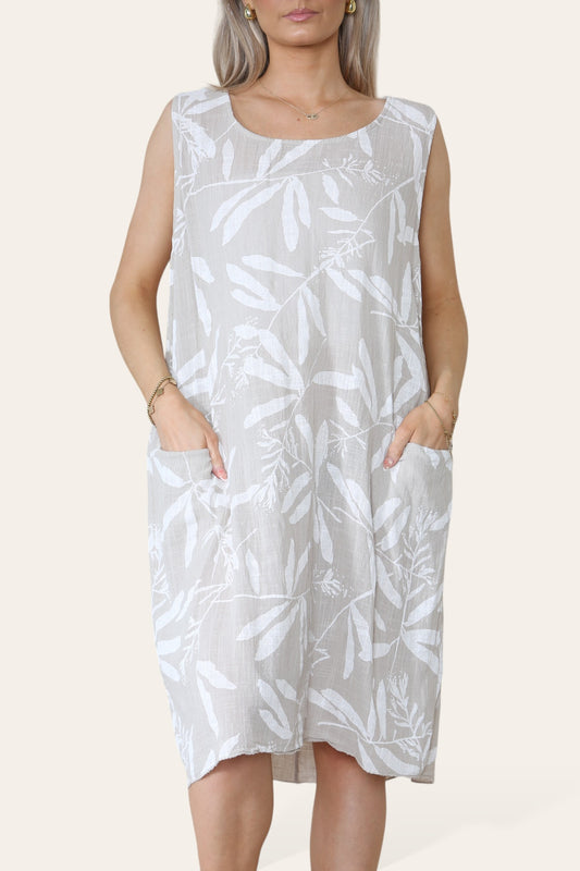LEAF SHADOW PRINT SLEEVELESS DRESS STONE