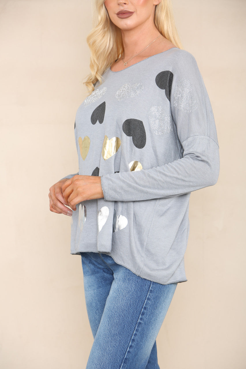 SEQUIN HEARTS FINE KNIT JUMPER SILVER
