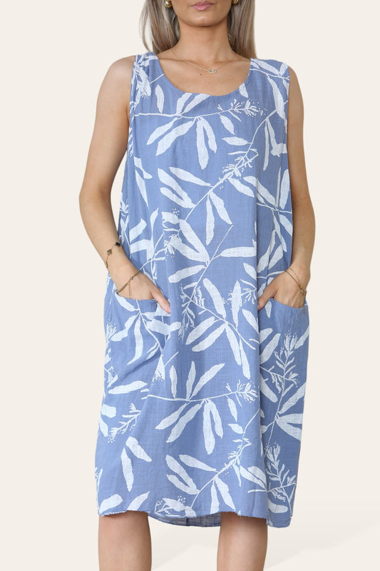 LEAF SHADOW PRINT SLEEVELESS DRESS DENIM